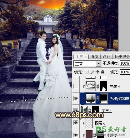 PS调色教程:给古建筑风景图片中拍摄的情侣婚纱照调出唯美的黄色