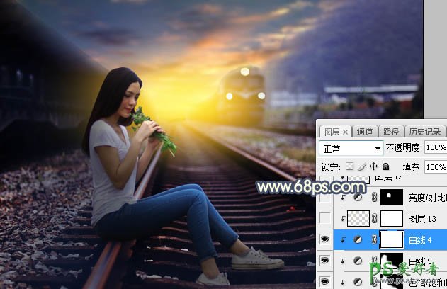 Photoshop给铁轨上外拍的可爱女生性感照片调出意境般的晨曦色