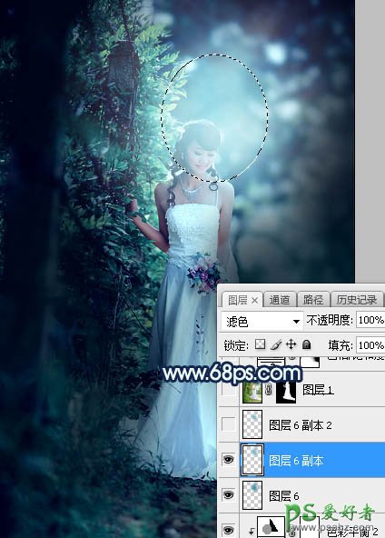 Photoshop婚片调色：给树林中私拍漂亮女女婚纱照调出唯美的青蓝