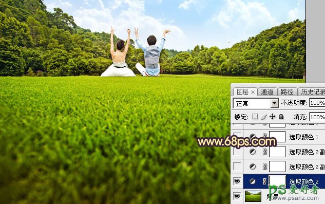 PS图片调色：利用素材给草地上的唯美情侣图片调出灿烂的秋季晨曦