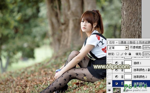 Photoshop调色实例教程学习：给黑丝袜树林风景中的MM调出淡暖色