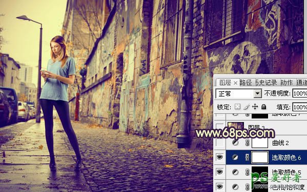 Photoshop给街道上自拍的黑丝美腿少女图片调出怀旧的黄蓝色。