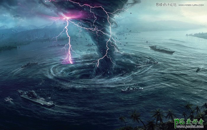 利用photoshop把海洋中的水龙卷与闪电合成出闪电炸裂龙卷风的效