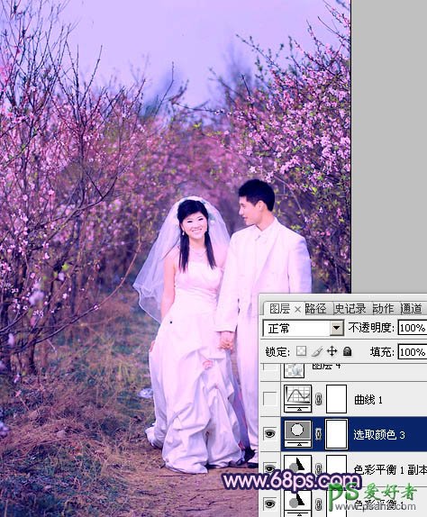 photoshop给春日桃花林里的情侣婚片调出艳丽的桃红色