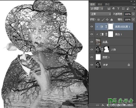 Photoshop给古典美女艺术照与树木合成出怀旧二次曝光作品。
