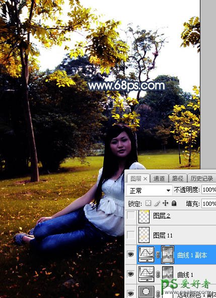 Photoshop给公园树林中等着约会的女生写真照调出温暖的霞光色