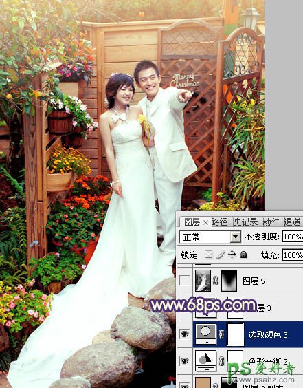 photoshop调出甜美的暖红色园林情侣婚片