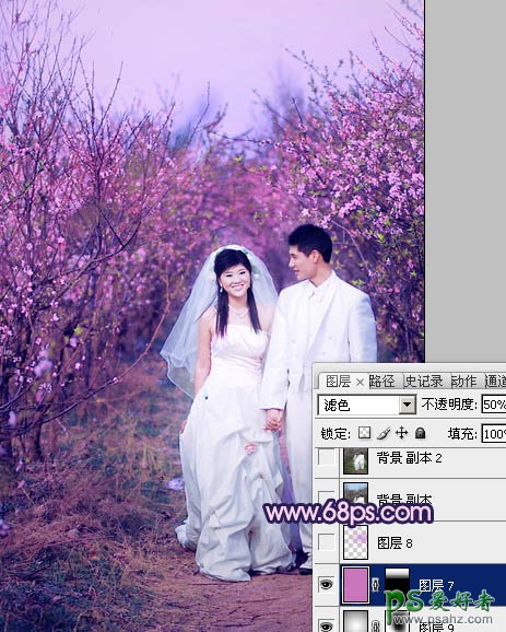 photoshop给春日桃花林里的情侣婚片调出艳丽的桃红色