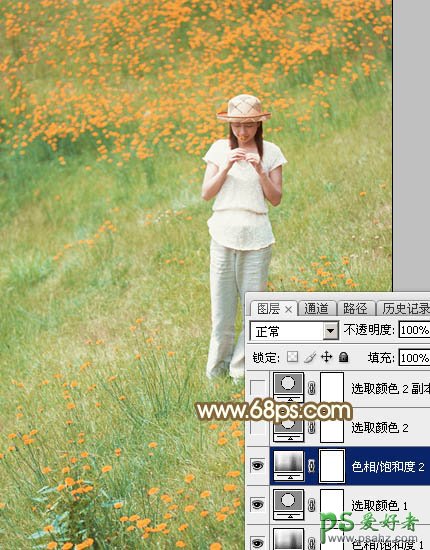 Photoshop给花草甸中的未成年少女写真照调出甜美的韩系粉红色