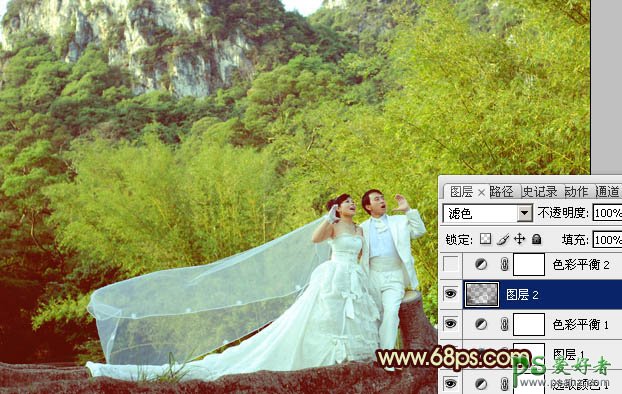 photoshop调出粉嫩的黄绿色情侣婚纱写真照