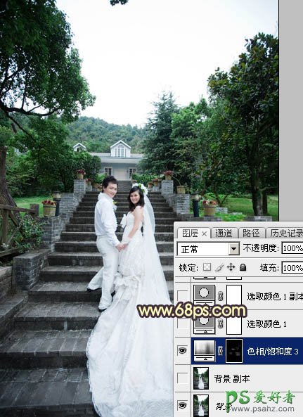 PS调色教程:给古建筑风景图片中拍摄的情侣婚纱照调出唯美的黄色