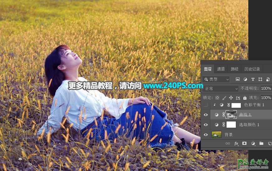 Photoshop给深秋草地上自拍的可爱女孩儿照片调出唯美的淡紫色。