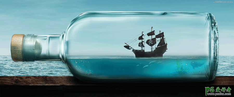 PS合成教程：把《加勒比海盗》船长的黑珍珠合成到一个小漂流瓶里