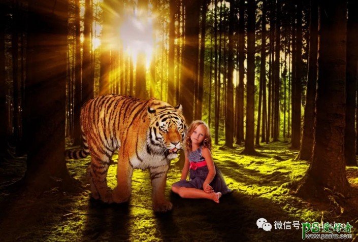 Photoshop奇幻合成实例：合成梦幻森林中的小精灵，女孩与虎同行