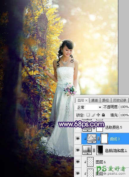 Photoshop给裸露香肩的美女婚纱照调出绚丽的蓝黄色秋季逆光效果