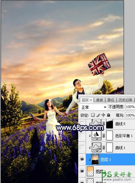 Photoshop给薰衣草花海中拍摄的情侣婚纱照调出绚丽的霞光色