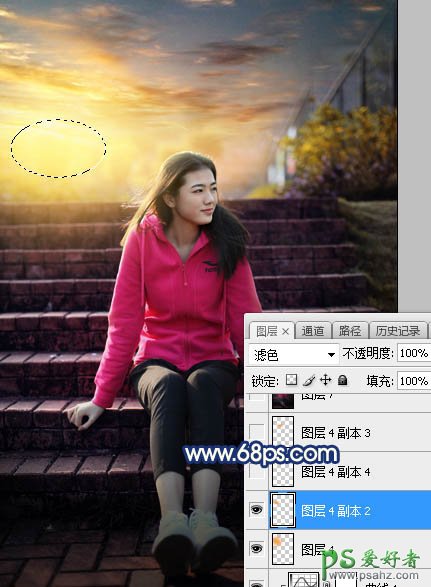 Photoshop给古建筑边自拍的红色运动装青春少女写真图片调出霞光