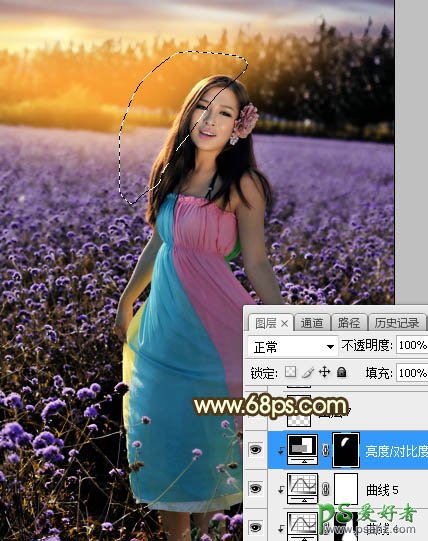 Photoshop给粉色长裙性感嫂子花圃中的写真照调出唯美意境霞光色