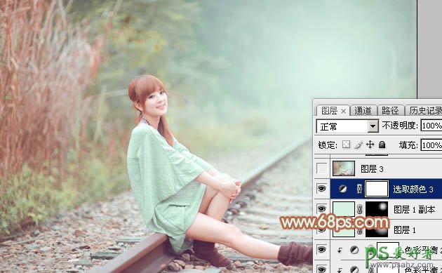 Photoshop图片调色实例教程:给铁轨上自拍的甜美女孩儿调出青绿色