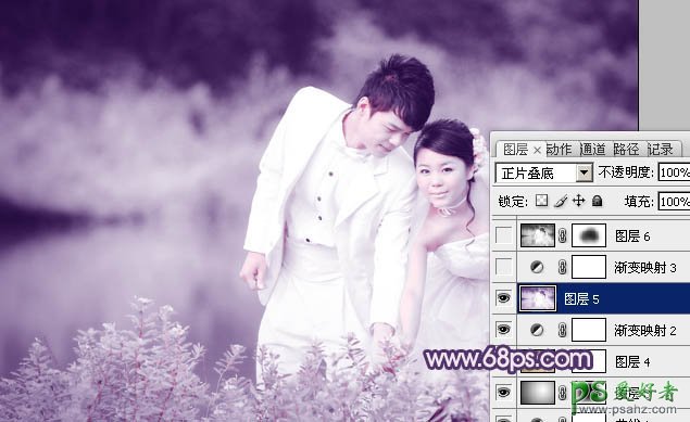 photoshop给情侣婚片快速调出梦幻的淡紫色效果