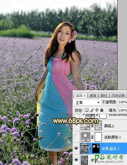 Photoshop给粉色长裙性感嫂子花圃中的写真照调出唯美意境霞光色