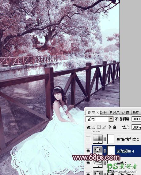 photoshop调出河边梦幻少女婚片个性紫色效果