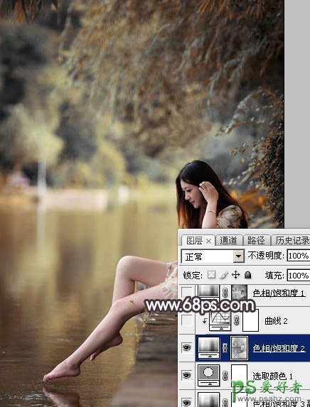 PS美女图片调色：给湖边自拍的玉腿美足清纯少女写真照调出梦幻色