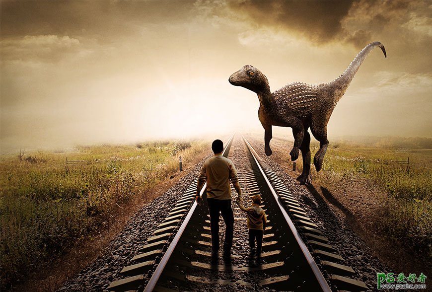 PS合成教程：打造远古时代恐龙穿过铁轨的特效图片，铁轨上霸王龙