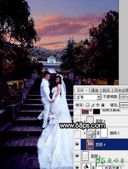 Photoshop给园林中拍摄的情侣婚纱照调出唯美梦幻温馨的霞光色彩