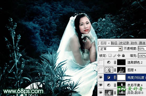 photoshop快速调出古典暗绿色美女婚片写真照