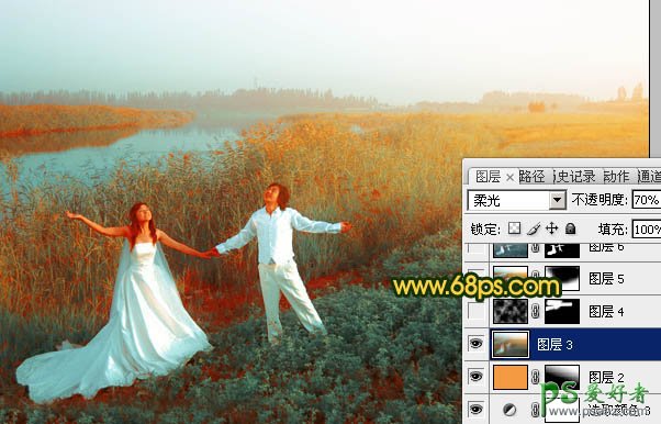 PS给晨曦中唯美的江景芦苇情侣婚片调出唯美效果