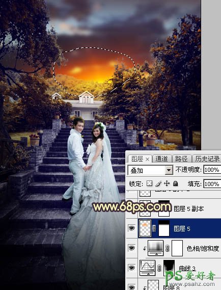 PS调色教程:给古建筑风景图片中拍摄的情侣婚纱照调出唯美的黄色