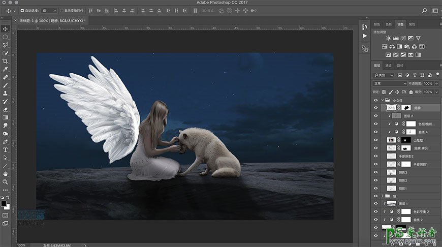 Photoshop合成天使少女与夜色下的白狼和谐相处的场景图片。