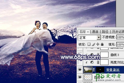 Photoshop婚片调色教程：给清新自然的外景婚片调出秋季蓝紫色效