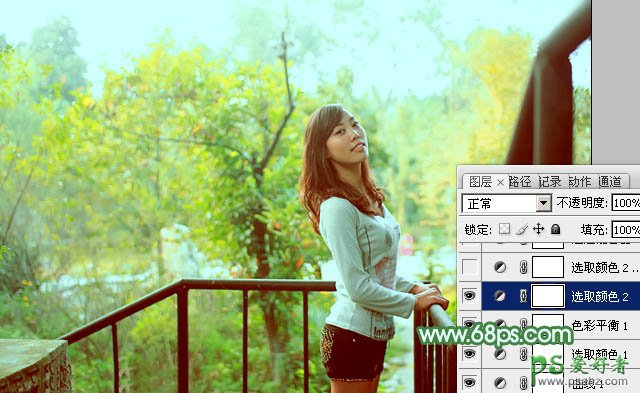 PS调色教程：给风景区的美女艺术照调出清爽甜美的青绿色