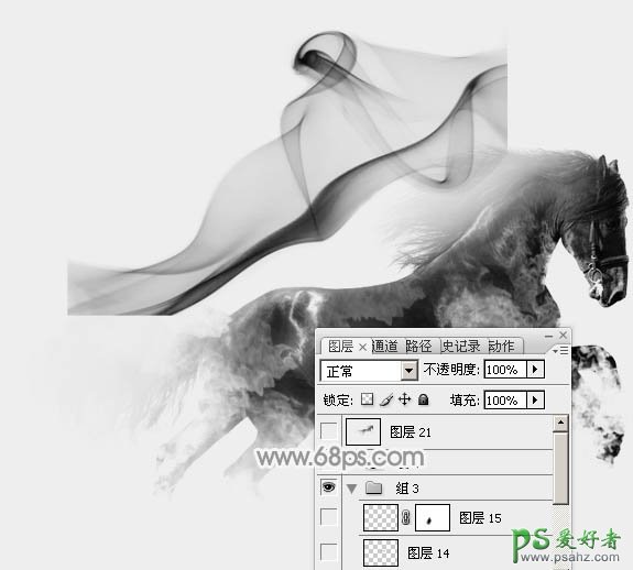 Photoshop创意合成唯美意境效果的水墨画黑马，奔跑的烟雾黑马图