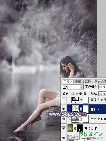 PS美少女艺术照调色实例：给清纯的湖景少女图片调出高雅灰色调