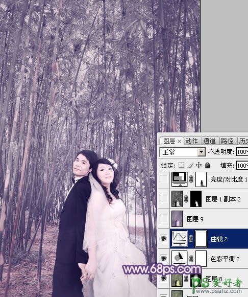 photoshop调出蓝紫色竹林里的情侣婚片