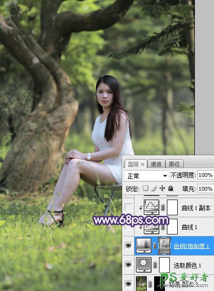 Photoshop给外景长腿美女个人艺术照摄影图片调出小清新蓝黄色