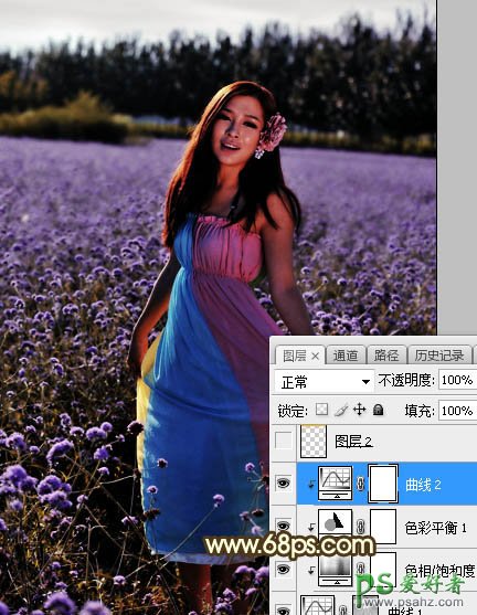 Photoshop给粉色长裙性感嫂子花圃中的写真照调出唯美意境霞光色