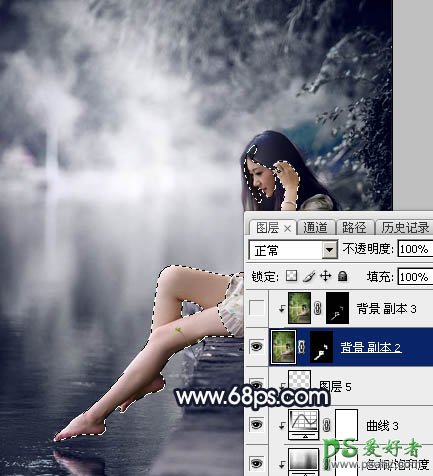 Photoshop给春天里的清纯少女玉腿美脚写真照调出梦幻的暗蓝色