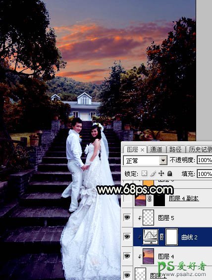 Photoshop给园林中拍摄的情侣婚纱照调出唯美梦幻温馨的霞光色彩