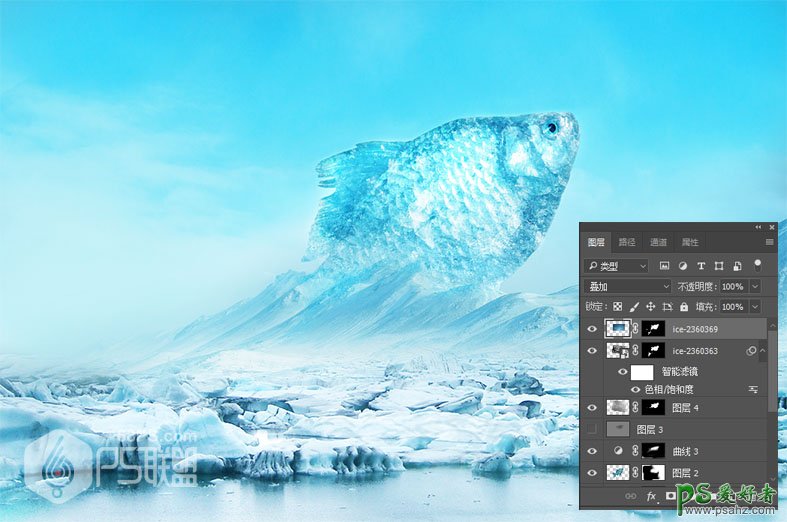 PS合成教程：创意打造从冰层中跃出的大鲫鱼特效图片，跳出冷冻鱼