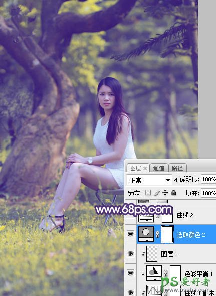 Photoshop给外景长腿美女个人艺术照摄影图片调出小清新蓝黄色