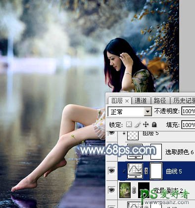 Photoshop给外景自拍的长腿美足少女生活照调出柔和的古典青蓝色