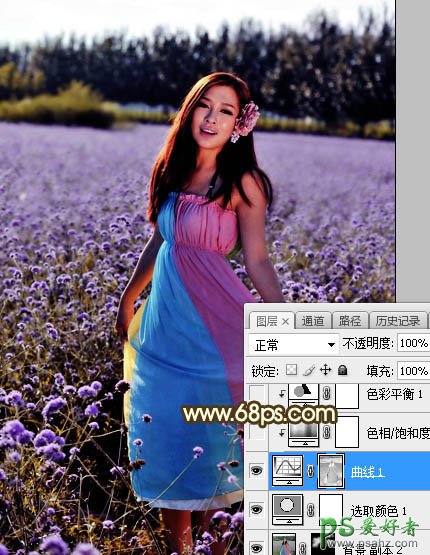 Photoshop给粉色长裙性感嫂子花圃中的写真照调出唯美意境霞光色