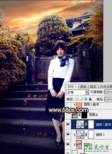 Photoshop给性感空姐制服美女外景写真图片调出唯美的夕阳霞光色