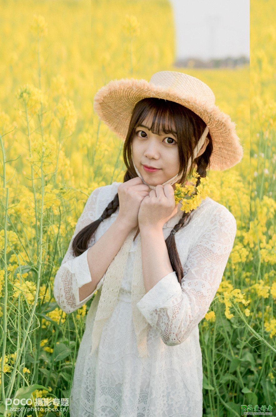 Photoshop给油菜花田里拍摄的可爱女生照片调出唯美的小清新效果