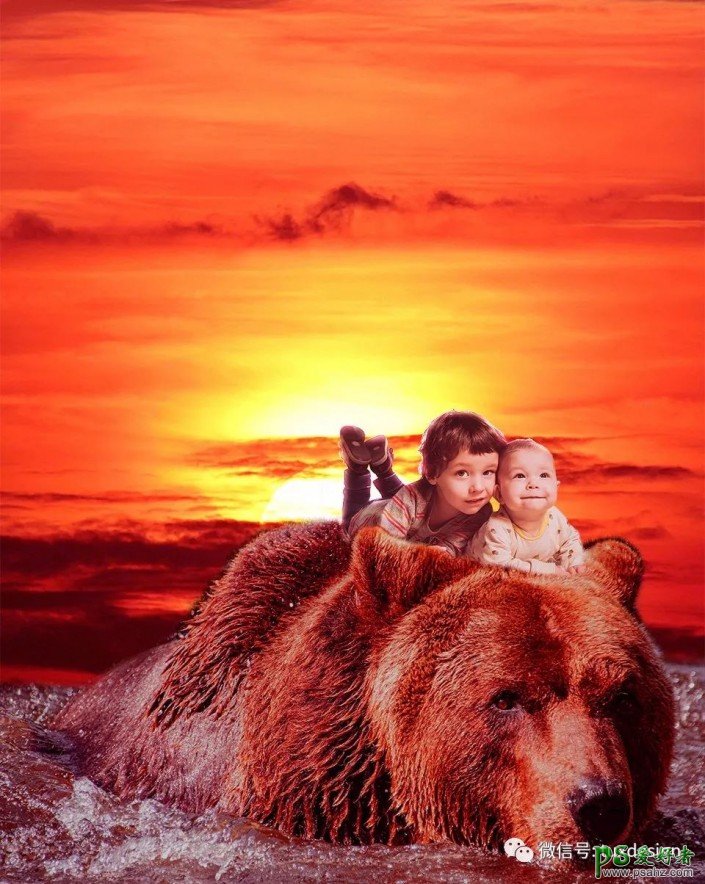 PS奇幻场景合成实例：合成一幅棕熊与小孩子在海上漂流的场景
