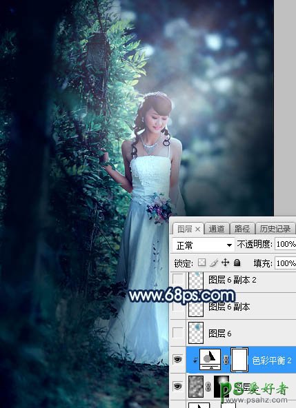 Photoshop婚片调色：给树林中私拍漂亮女女婚纱照调出唯美的青蓝